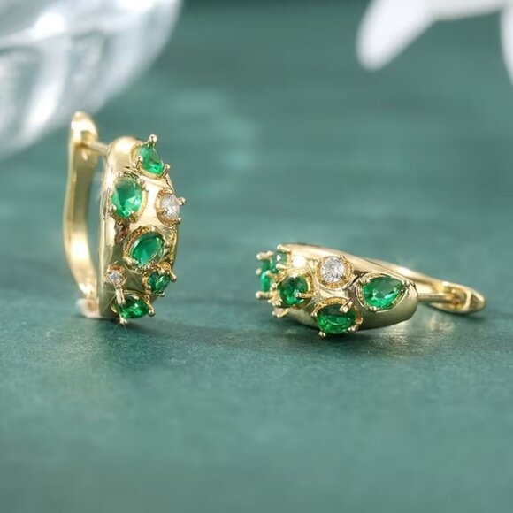 Vintage-Inspired Green Emerald & Diamond Drop Earrings in  14K Gold Womens 2ct Green Emerald Gemstone 1ct Diamond Drop Earrings Jewelry NEW
